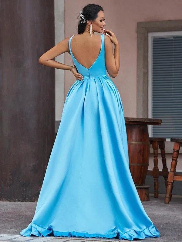 Hi-Lo Sapphire Serenity V-Neck Sleeveless A-Line Evening Gown