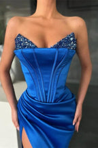 Royal Blue Long Mermaid Sweetheart Satin Prom Dress with Split