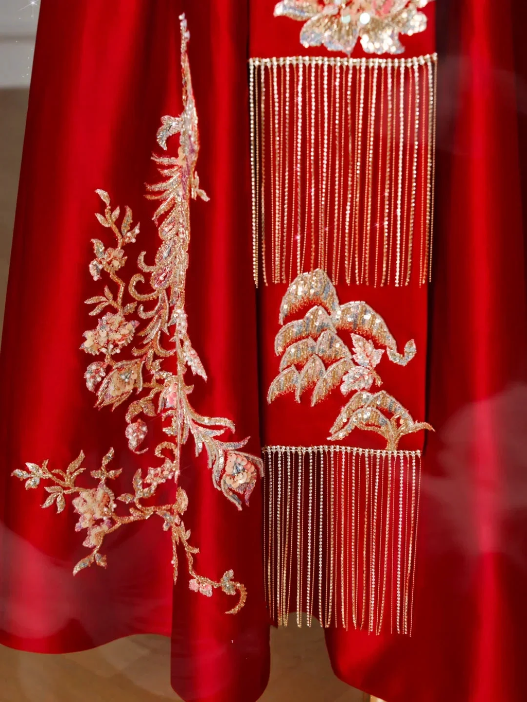 Gorgeous Red Satin Sequin Embroidery A Line Prom Dress Strapless Evening Dress Y8631