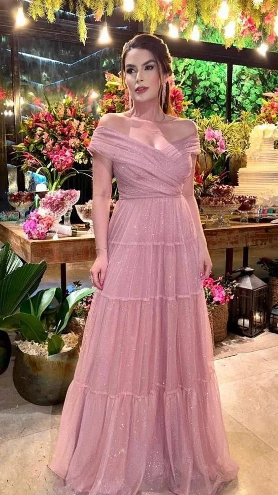 Sparkly Off The Shoulder A-line Evening Dress Glam Dress Y6232