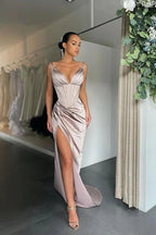 Spaghetti Straps Sleeveless V-Neck Split Prom Dress