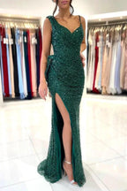 Spaghetti Strap Green Mermaid Long Prom Dress with Split Sequins