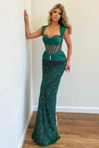 Stunning Long Mermaid Sequined Straps Tulle Formal Prom Dress