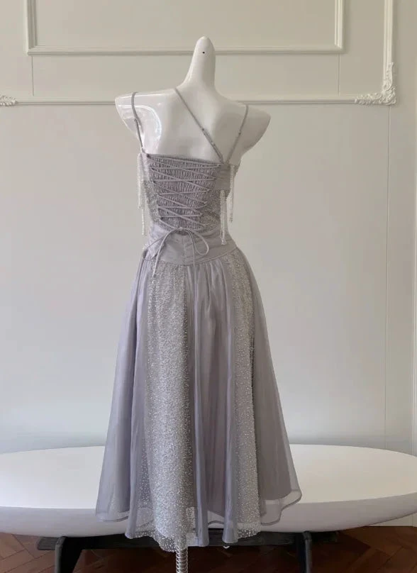 Classy Purple Sequins Tulle Beaded Tassel Prom Dress A Line Evening Dress Y8586