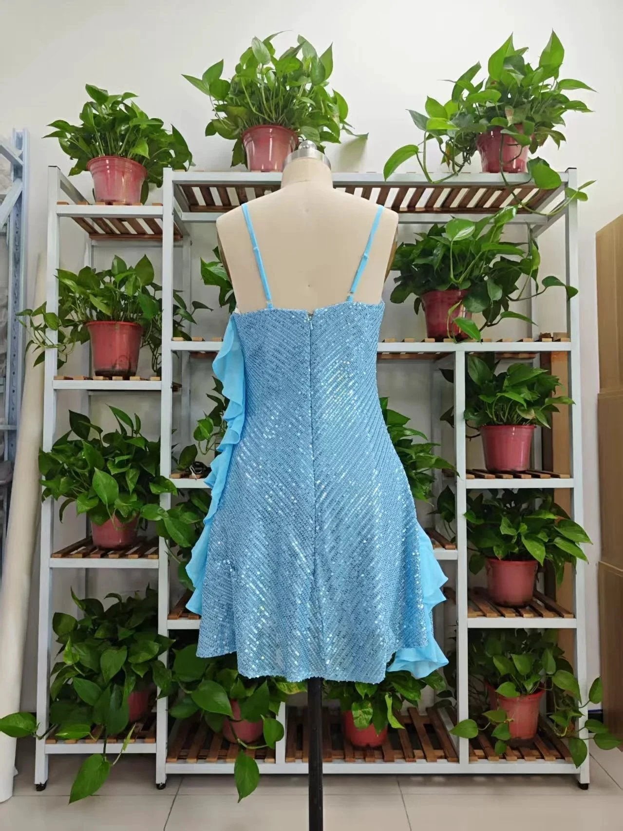 Beautiful Blue Halter Sequins Chiffon Ruffles Cocktail Dress Homecoming Dress Y8251