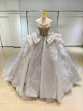 Silver Haze Strapless Ballgown: Gilded Beaded Bust & Ruffled Train