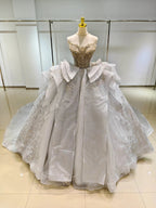 Silver Haze Strapless Ballgown: Gilded Beaded Bust & Ruffled Train