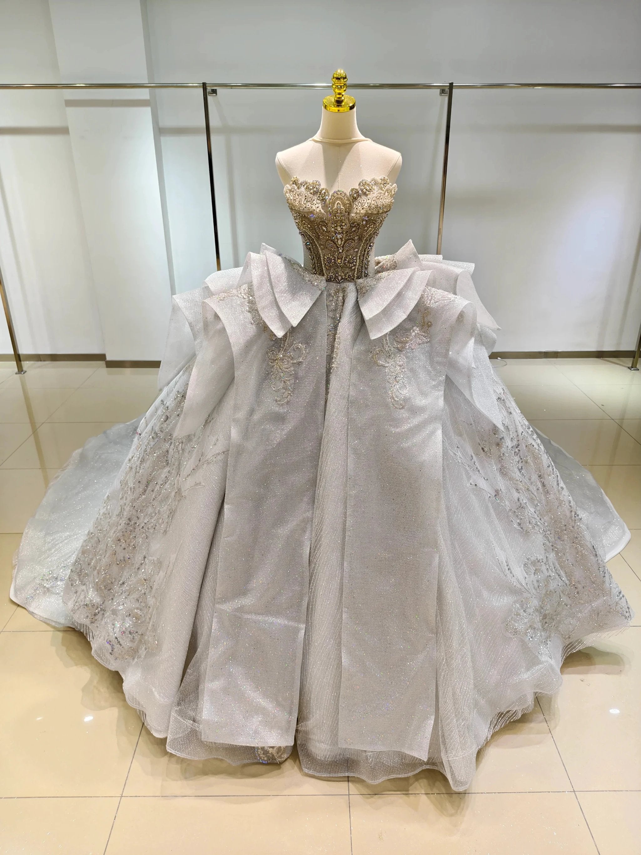 Silver Haze Strapless Ballgown: Gilded Beaded Bust & Ruffled Train