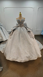 Dreamy Light Blue Sweetheart Ball Gown Wedding Dress with Sequin Tulle, Pearl Beading & Oversized Bow Ye-2029