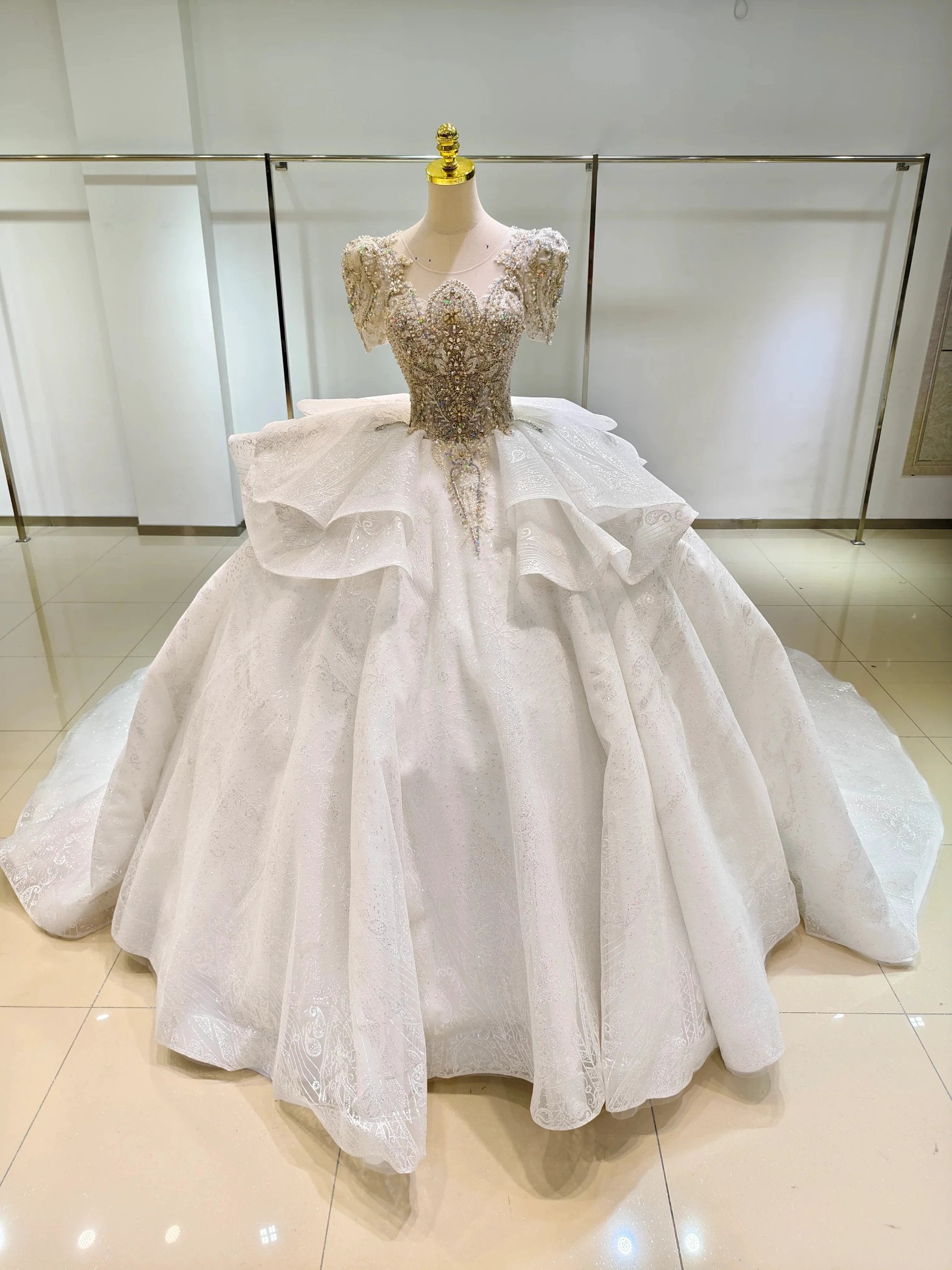 Silver Sparkle Cap-Sleeve Ballgown Beaded Bust & Bow Train
