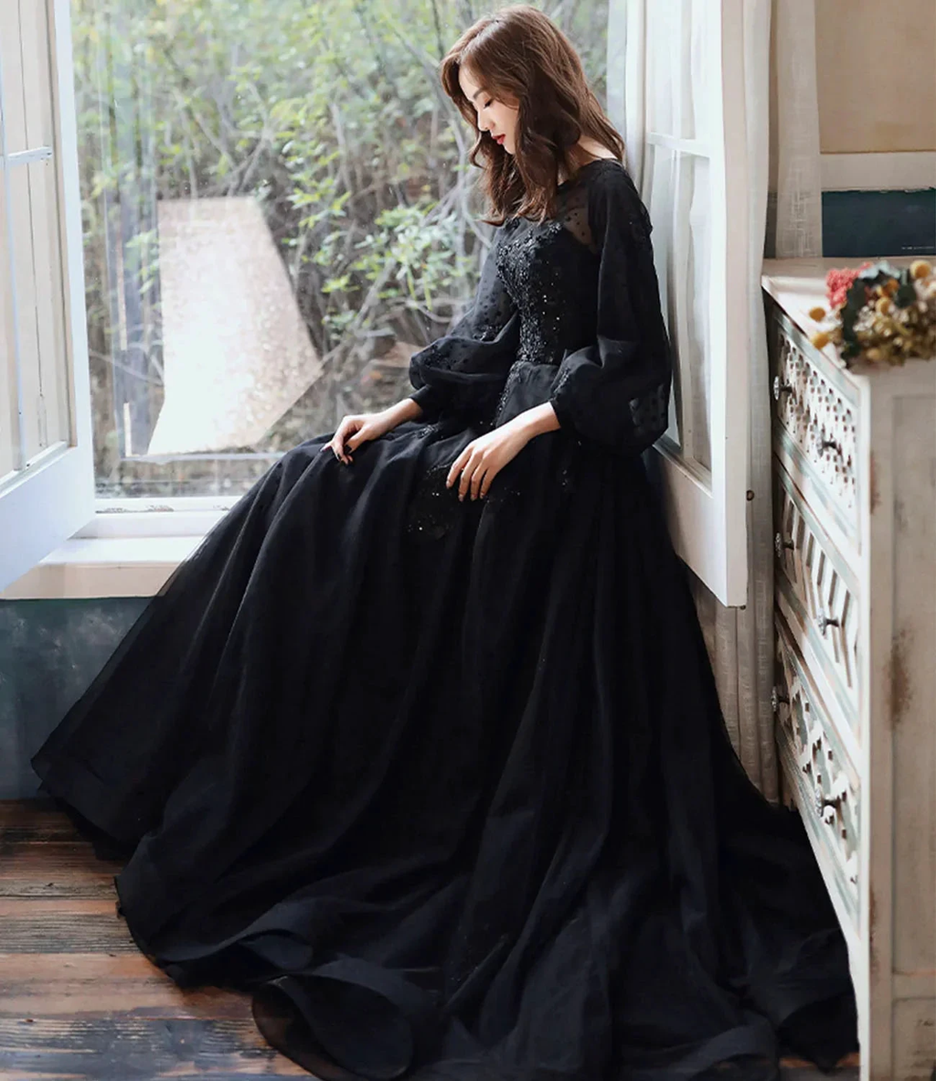 Black lace long prom dress A line evening gown Y1294