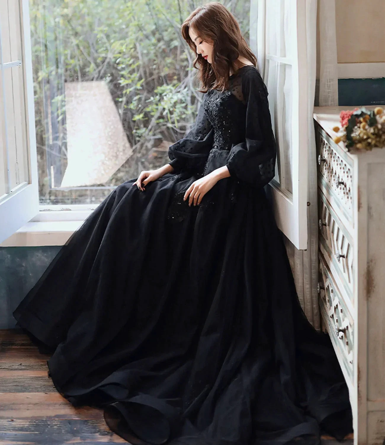 Black lace long prom dress A line evening gown Y1294