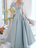 Blue V Neck Satin Long Prom Dress Blue Satin Evening Dresses Y4780