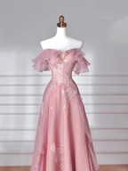Sweet Pink Tulle Sequins Beaded A Line Prom Dress Off The Shoulder Long Evening Dress Y8643