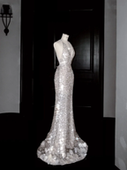 Sexy V Neck Silver Sequins Backless Mermaid Prom Dress Evening Dress Y8680