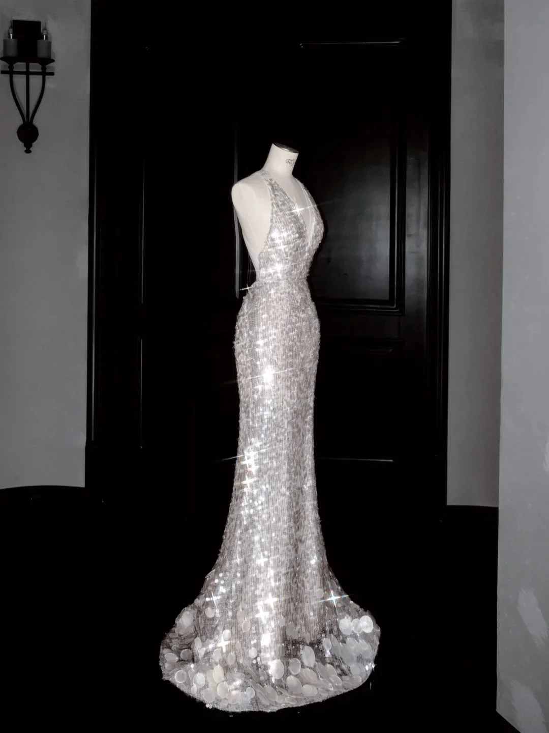 Sexy V Neck Silver Sequins Backless Mermaid Prom Dress Evening Dress Y8680