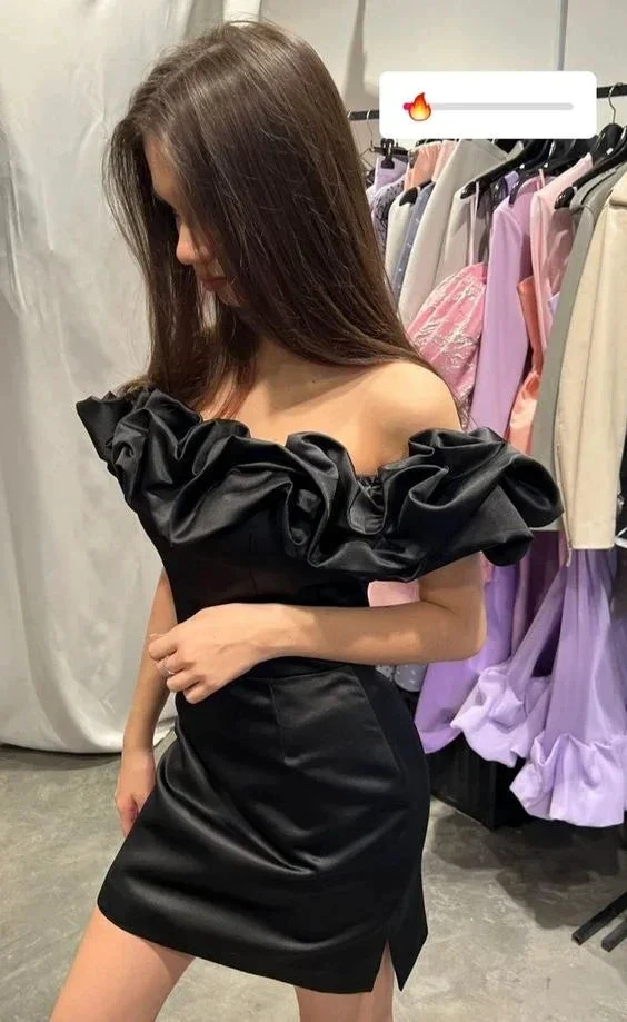 Off Shoulder Short Sleeve Frill Mini Dress Hot Sale Black Homecoming Dress Y400