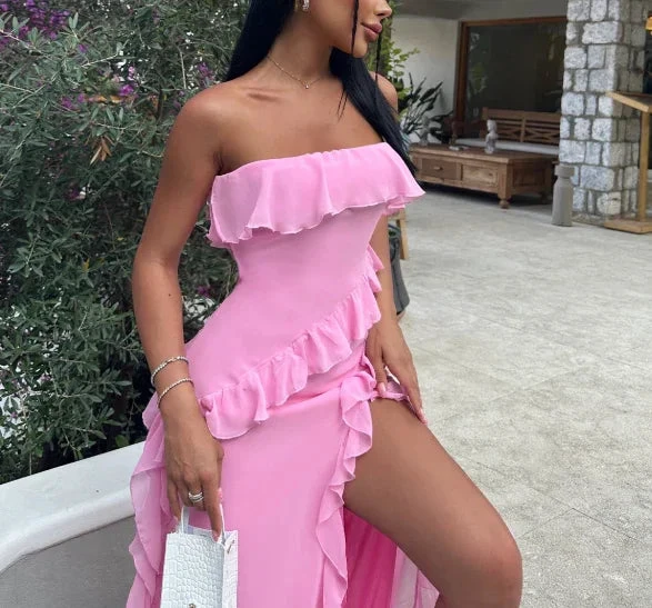 Pretty Pink Strapless Ruffle Slit Evening Dress Long Birthday Prom Dress Y8203