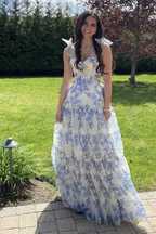 A-line Blue Floral Print Long Prom Dress Blue Evening Dress Y2560