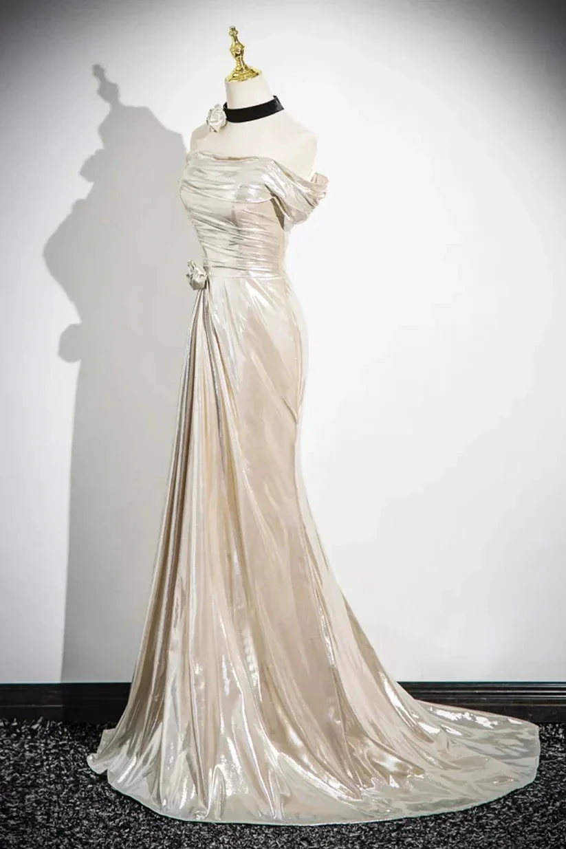 Charming Champagne Off The Shoulder Satin Prom Dress Mermaid Evening Gown Y8202