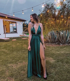 Sexy A Line Deep V Neck Floor Length Evening Dress Green Bridesmaid Dress Y4590