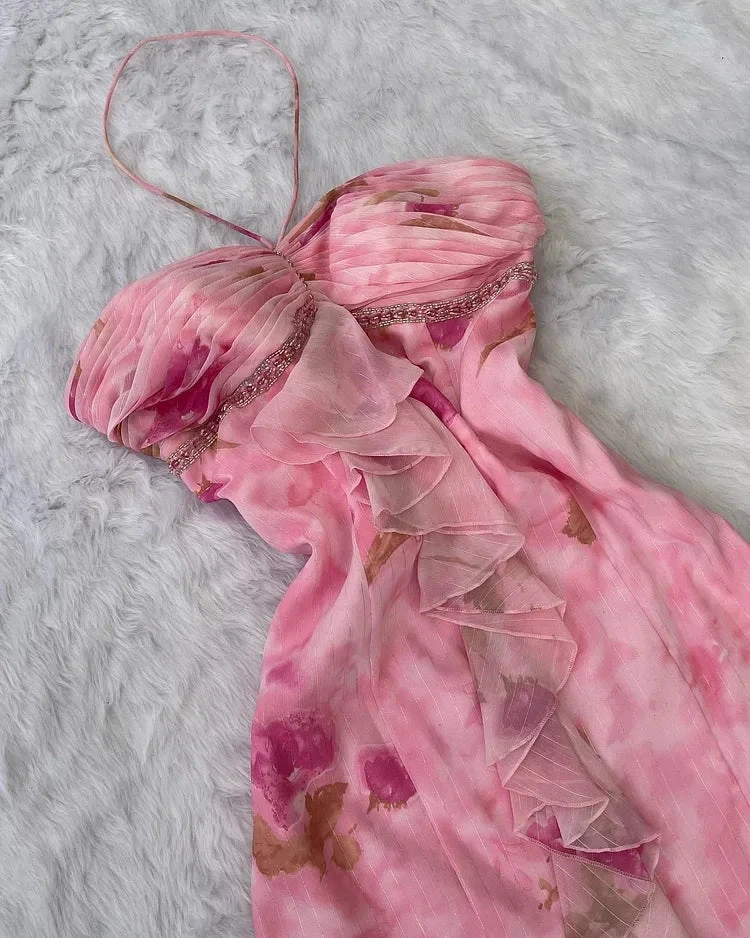Pink Chiffon Print Floral Ruffle Evening Dress Halter Mermaid Prom Dress Y8306