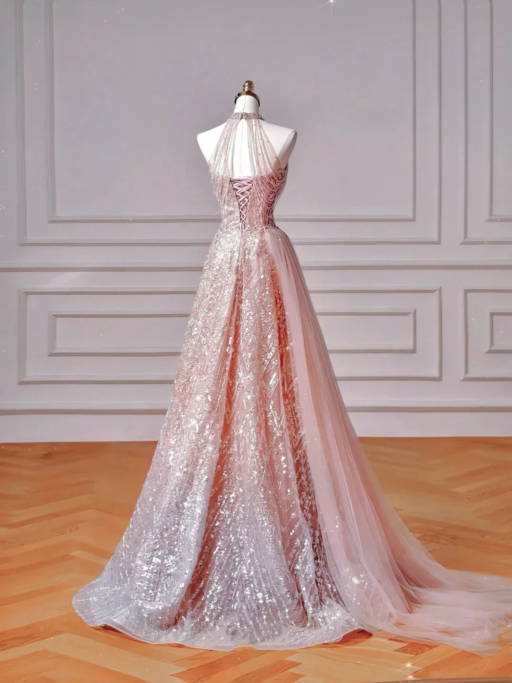 Sparkly Pink Halter Sequins Tulle A Line Prom Dress Evening Dress Y8608