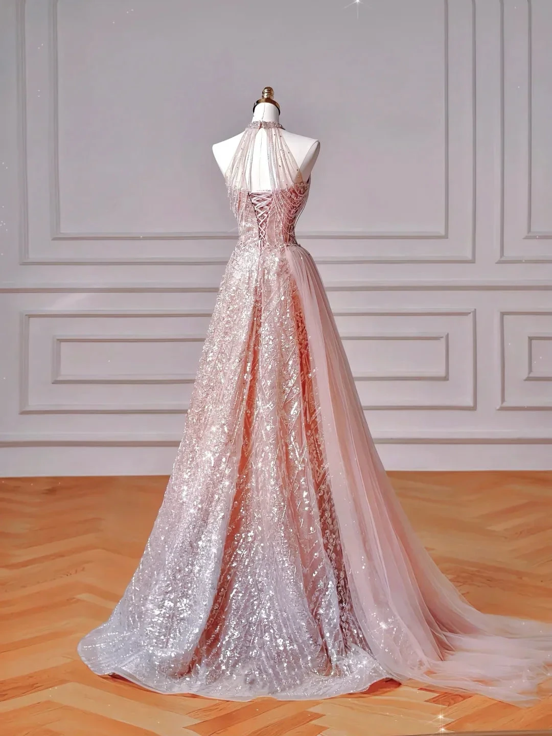 Sparkly Pink Halter Sequins Tulle A Line Prom Dress Evening Dress Y8608