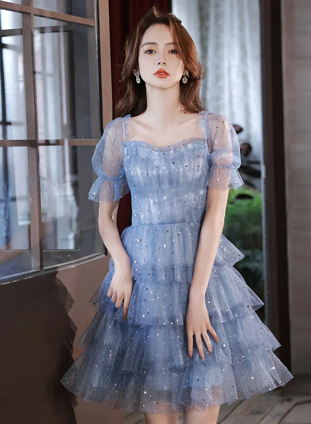Blue Short Layers Tulle Formal Dress Blue Off Shoulder Homecoming Dress Party Dress Y1975