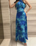 Unique Blue Halter Chiffon Long Prom Evening Dress Y8108