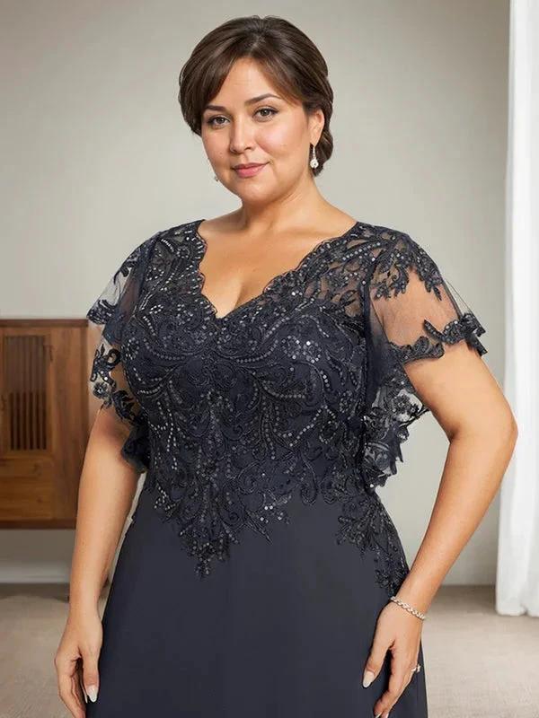 A-line V-Neck Floor-Length Lace Chiffon Mother of the Bride Dress With Sequins