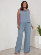 Chiffon Scoop Long Sleeves Mother Of The Bride Pantsuits With Jacket