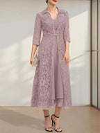 A-line V-Neck Tea-Length Chiffon Mother of the Bride Dress
