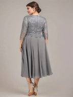 A-line Scoop Tea-Length Lace Chiffon Mother of the Bride Dress