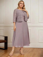 A-line Scoop Tea-Length Chiffon Mother of the Bride Dress With Pleated