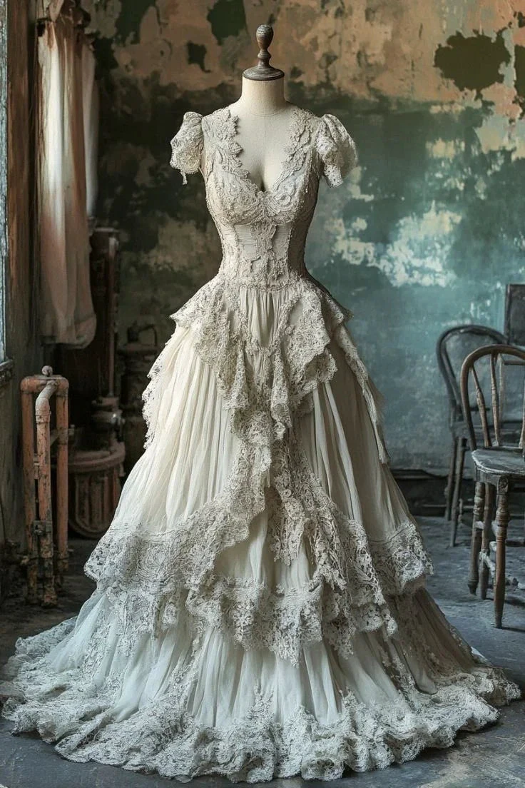 Vintage Ivory Lace Chiffon Ball Gown .Long A Line Wedding Dress Prom Dress Y8029