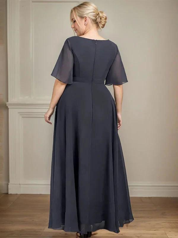 A-line V-Neck Ankle-Length Chiffon Mother of the Bride Dress With Pleated Beading Sequins