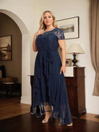 A-line Scoop Illusion Asymmetrical Chiffon Lace Mother of the Bride Dress With Bow Ruffle Sequins