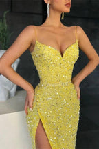 Spaghetti-Straps  Sequins Mermaid Sweetheart Prom Dress with Slit