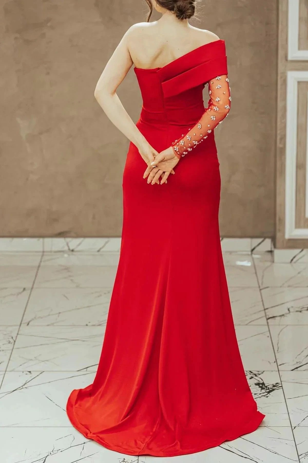 Red One-Shoulder Mermaid Prom Dress with Split and Sequins