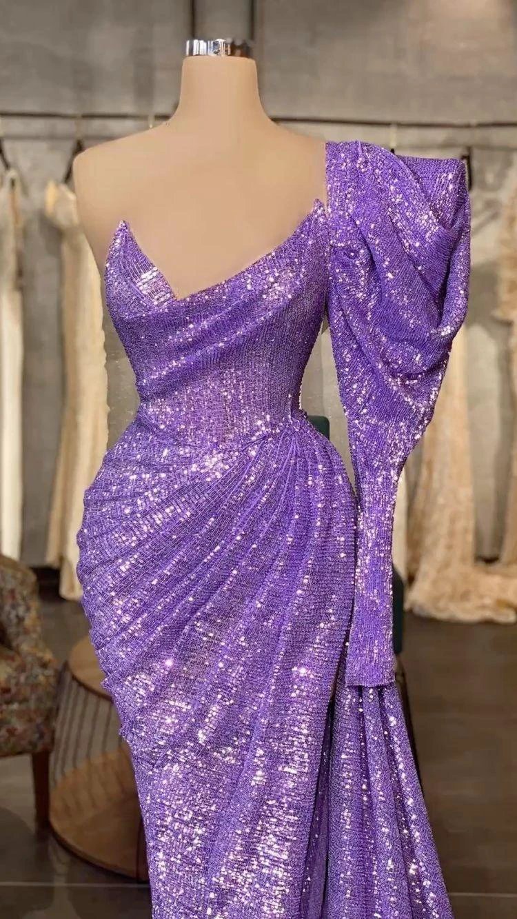 Light Purple Sequins Long Prom Dress Removable Sleeve,Charming Evening Dress Y711