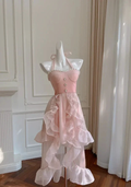 Simple Halter Pink Tulle Pearls Beaded High-Low Ruffles Homecoming Dress Party Dress Y8582