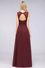 A-Line Chiffon Lace V-Neck Sleeveless Floor-Length Bridesmaid Dresses with Ruffles
