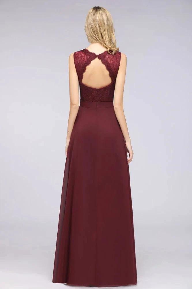 A-Line Chiffon Lace V-Neck Sleeveless Floor-Length Bridesmaid Dresses with Ruffles