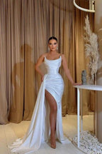 A-Line Floor-Length Sleeveless Strapless Charmeuse Split Front Stain Prom Dresses with Ruffles