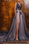 A-Line V-Neck Sleeveless Floor-Length Split Front Prom Dresses with Appliques