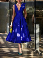 A-Line/Princess V Neck Sleeveless Tea-Length Mother of the Bride Dresses with Belt Ruffles Applique