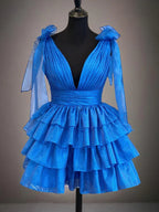 A-Line Deep V-Neck Tiered Sparkly Organza Homecoming Dress