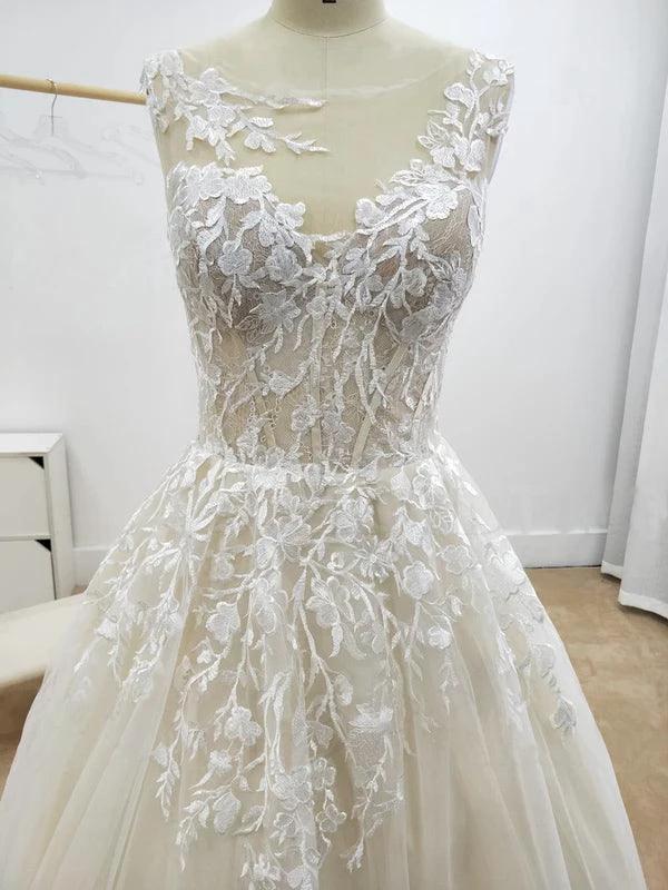 A-line Floral Applique Beach Wedding Dresses Backless Wedding Gown  WD467