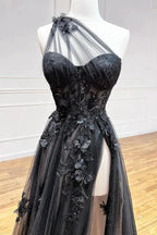 A-Line One Shoulder Black Long Prom Dress With 3D Appliques PSK444